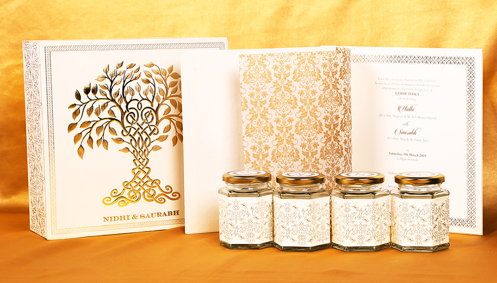 Elegant box invite in cream and golden with tree of life theme - Click Image to Close