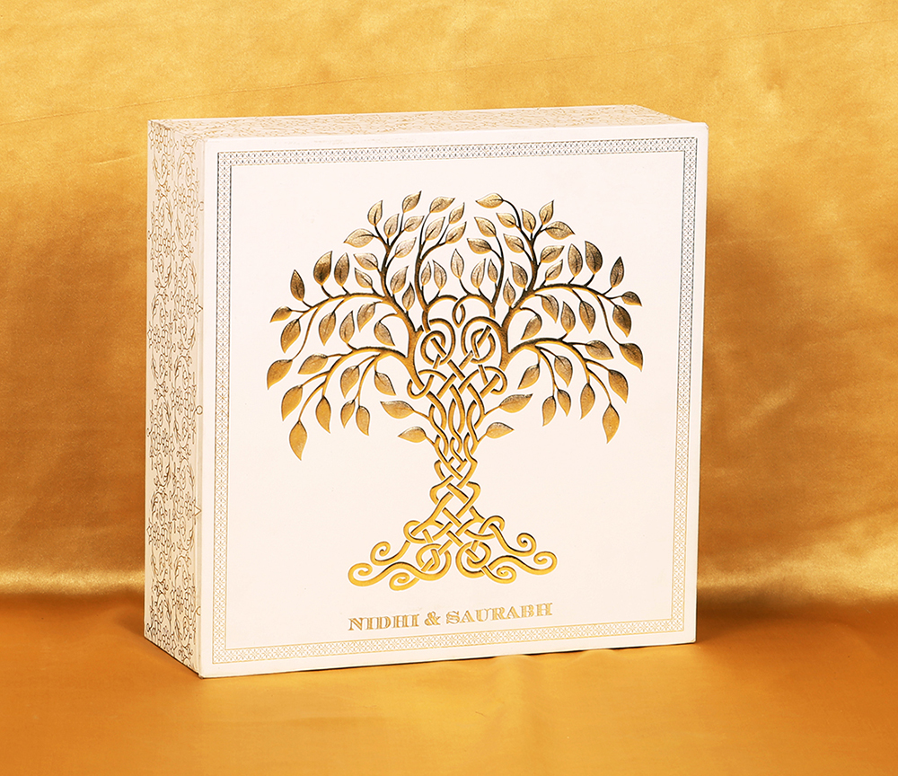 Elegant box invite in cream and golden with tree of life theme