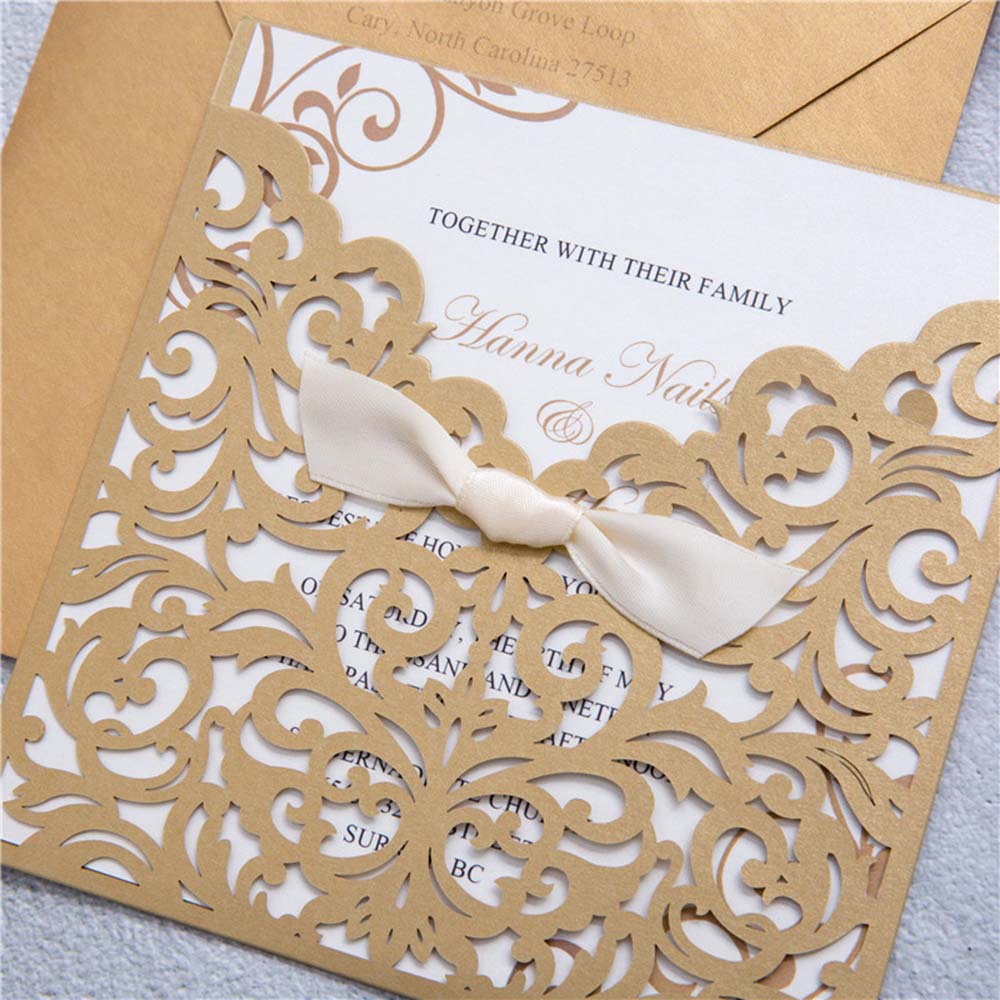 Elegant Brown Laser Cut Ribbon Bow Wedding Invitation - Click Image to Close