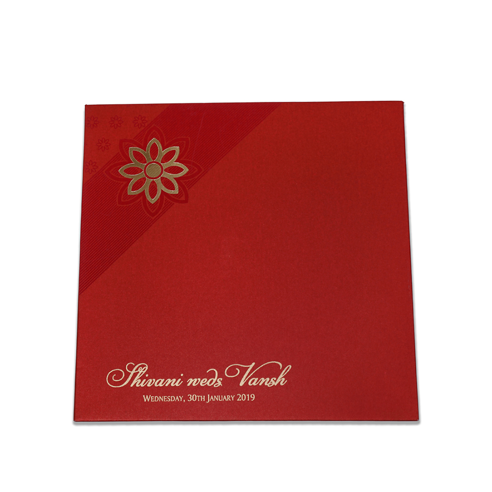 Elegant Indian wedding card in red colour with flower design - Click Image to Close