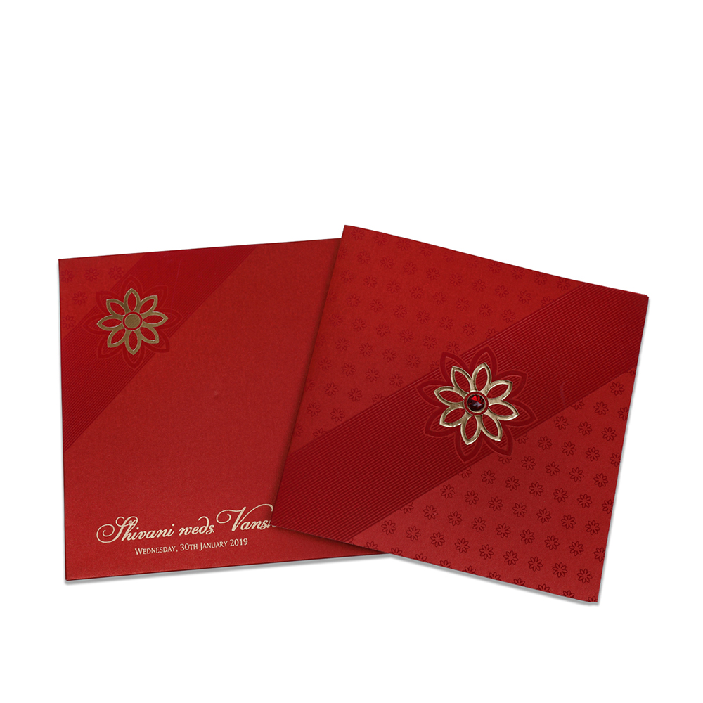 Elegant Indian wedding card in red colour with flower design - Click Image to Close