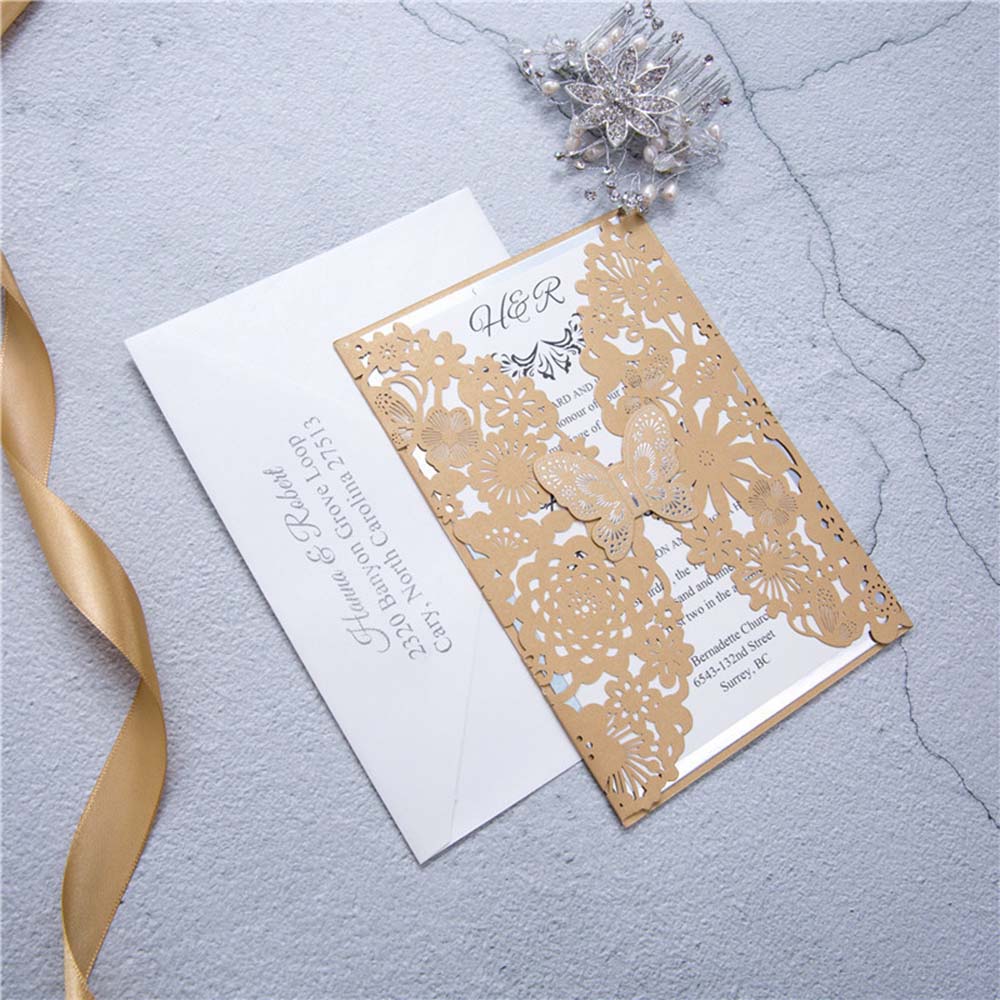 Elegant laser cut wedding card with butterfly available in Ivory and Golden - Click Image to Close