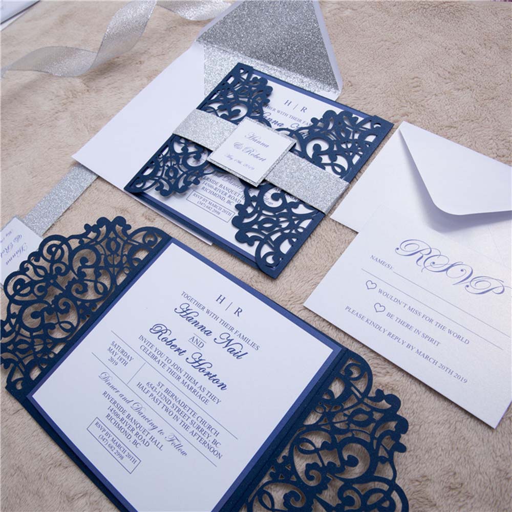 Elegant Navy colour gate fold invitation with a belly band - Click Image to Close