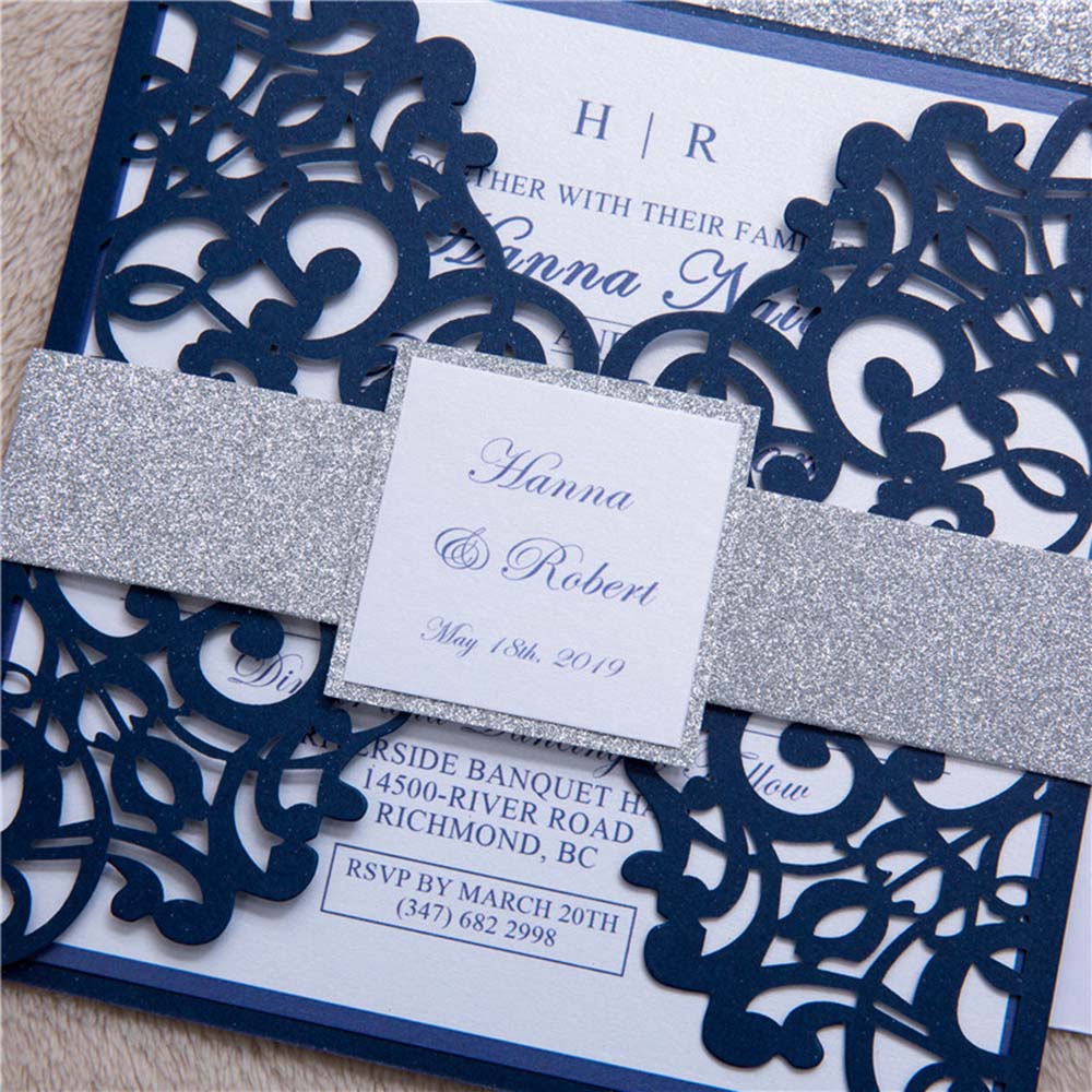 Elegant Navy colour gate fold invitation with a belly band - Click Image to Close