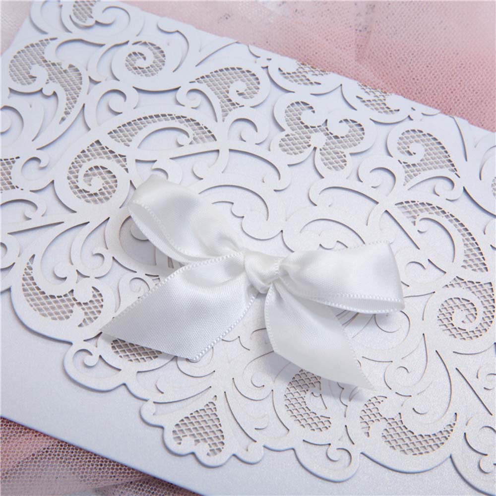 Elegant Pocket Fold Ivory Colour Laser Cut Wedding Invitation Card With Bow - Click Image to Close