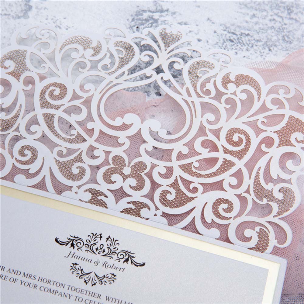 Elegant Pocket Fold Ivory Colour Laser Cut Wedding Invitation Card With Bow - Click Image to Close