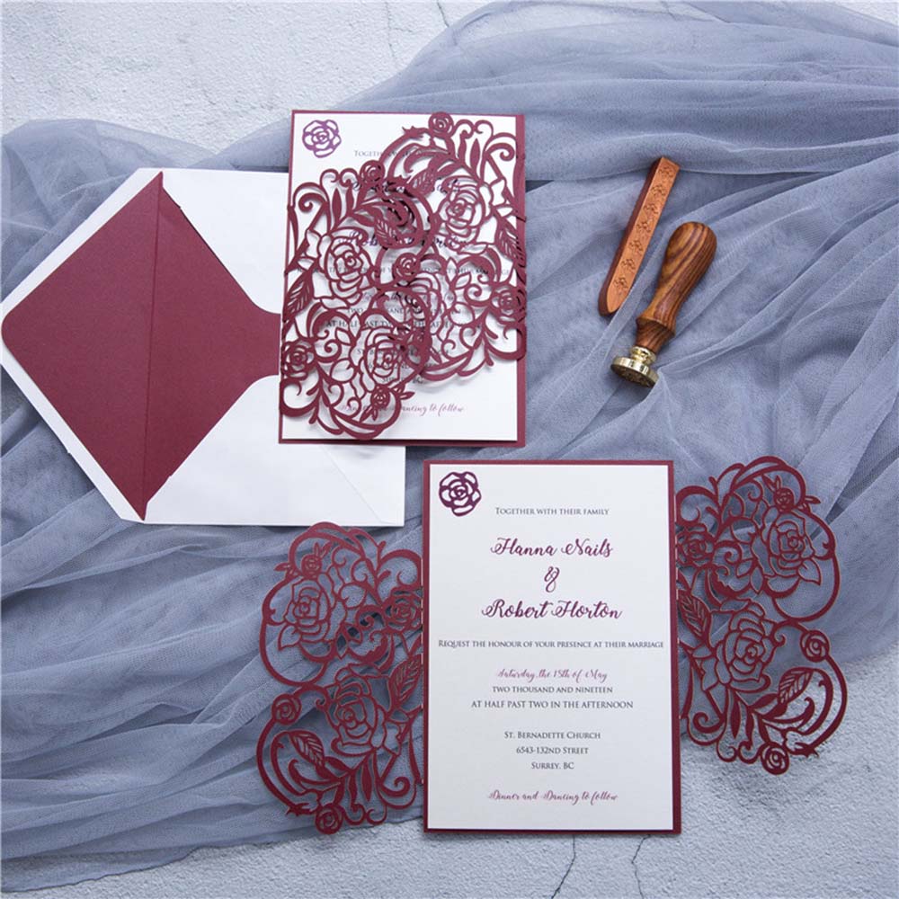 Elegant rose themed laser cut wedding invitation in burgundy - Click Image to Close
