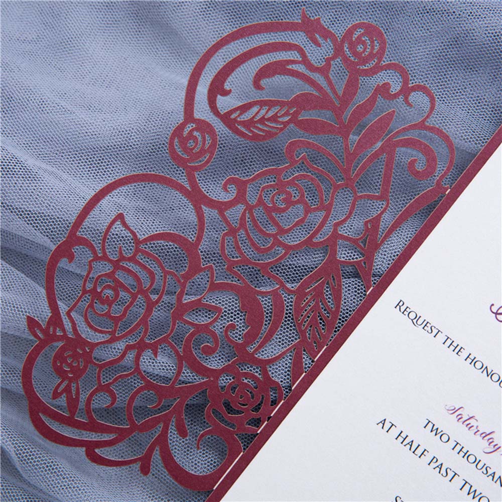 Elegant rose themed laser cut wedding invitation in burgundy - Click Image to Close