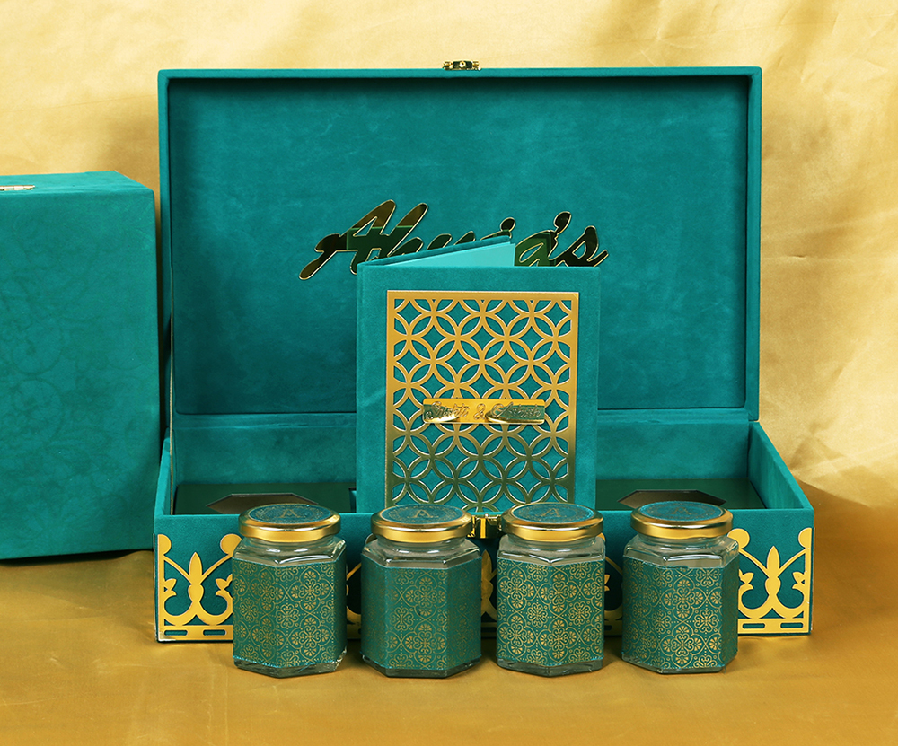 Elegant Teal & Golden coloured wedding box invite with sweet jars - Click Image to Close
