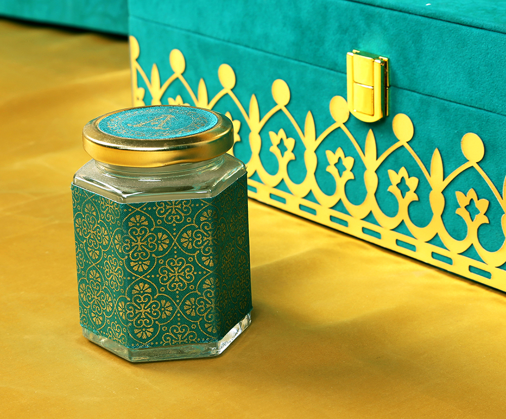 Elegant Teal & Golden coloured wedding box invite with sweet jars - Click Image to Close