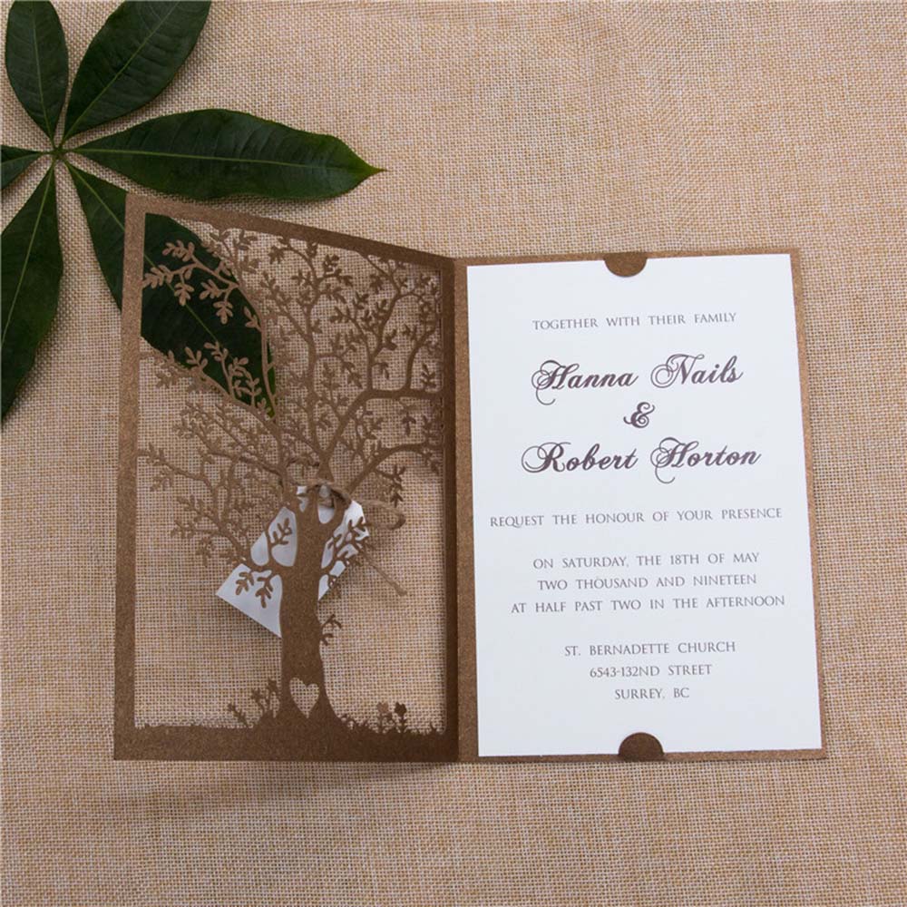 Elegant Tree Laser Cut Wedding Invitations in Brown colour with tag - Click Image to Close