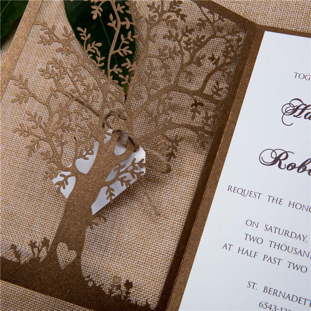 Elegant Tree Laser Cut Wedding Invitations in Brown colour with tag - Click Image to Close