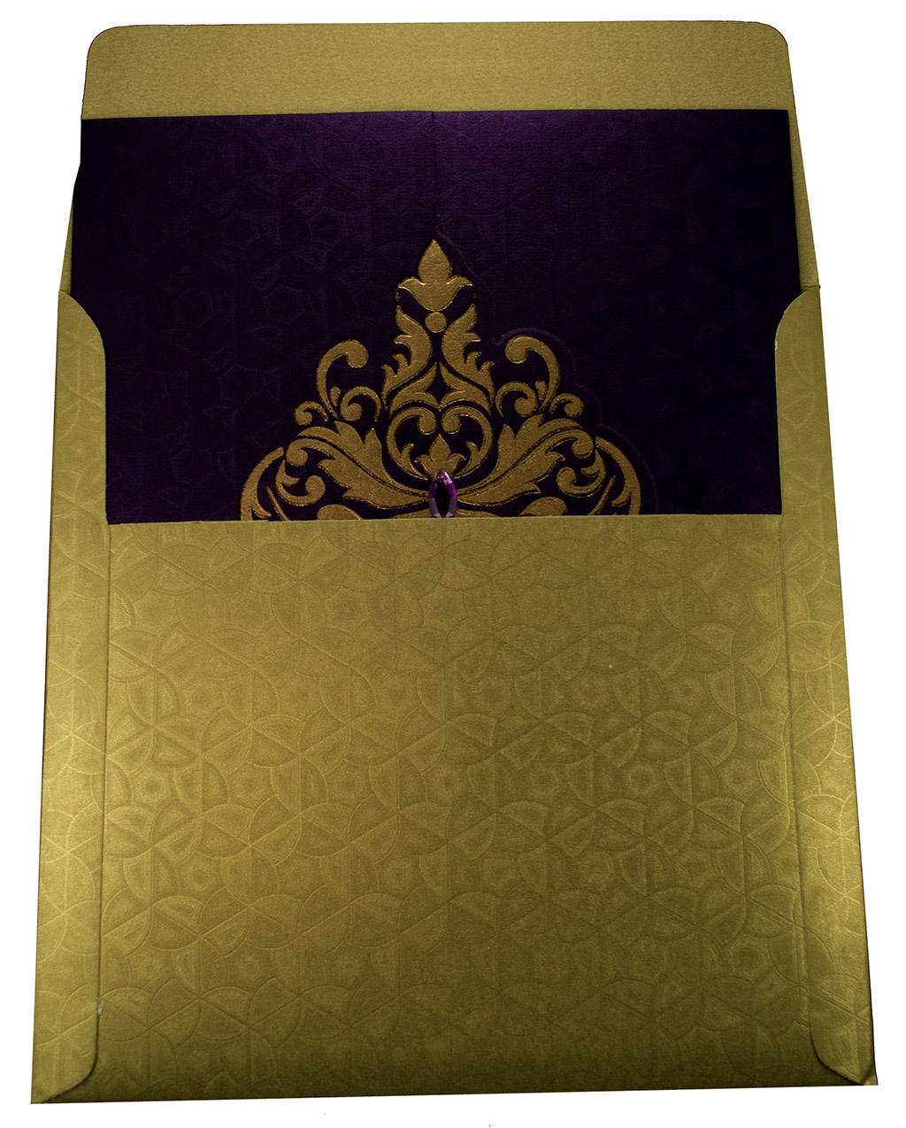 Elegant Wedding Invite in Rich Purple with Golden Patterns - Click Image to Close