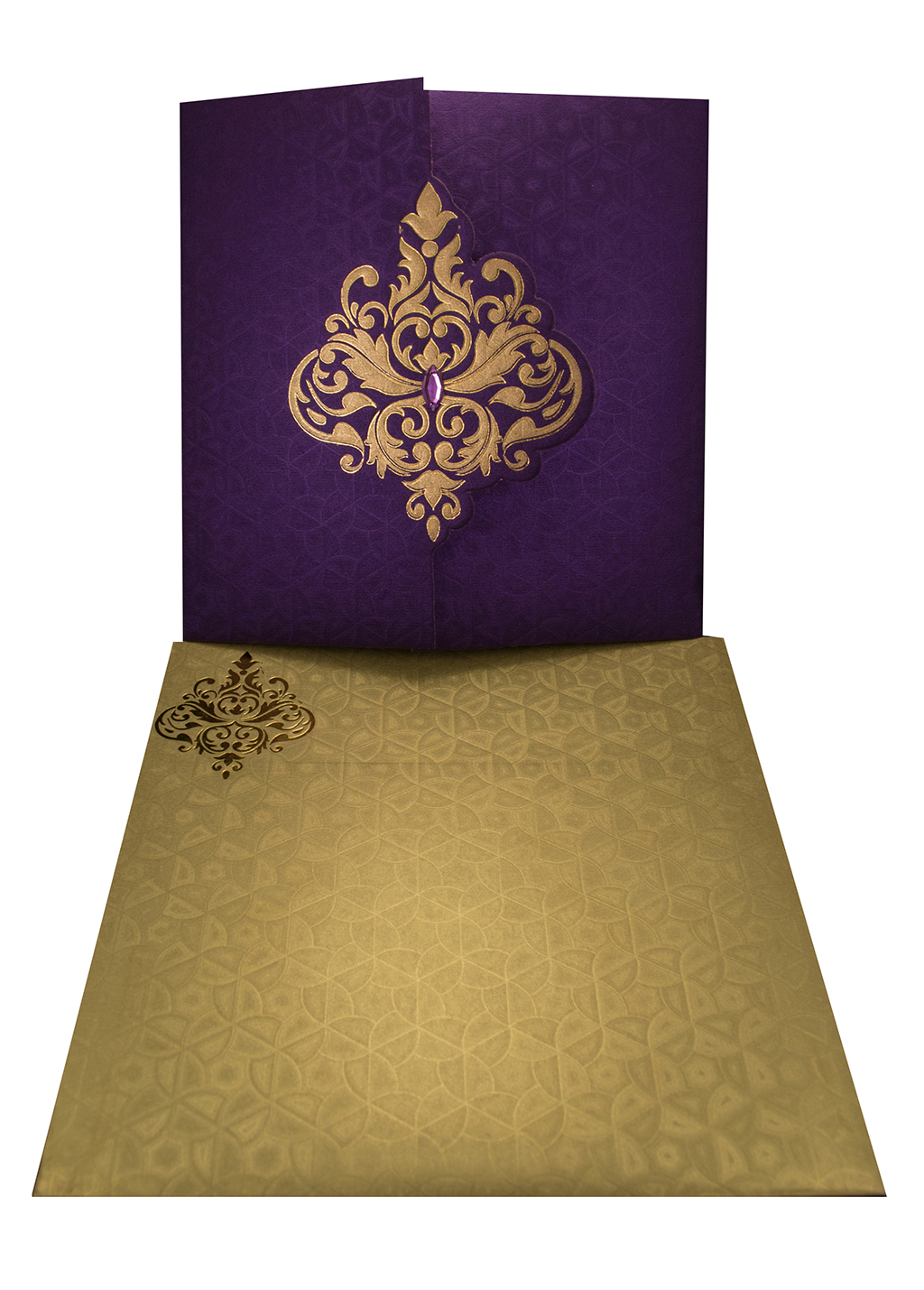 Elegant Wedding Invite in Rich Purple with Golden Patterns - Click Image to Close