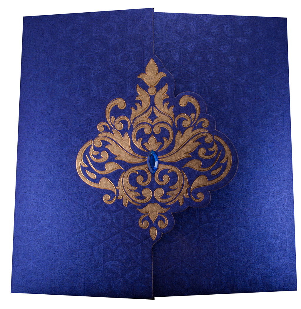 Elegant Wedding Invite in Royal Blue with Golden Patterns - Click Image to Close