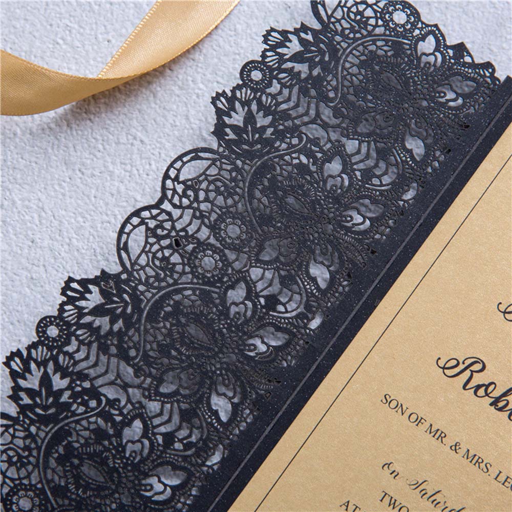 Exquisite Black colour wedding invite in lace design with golden ribbon - Click Image to Close