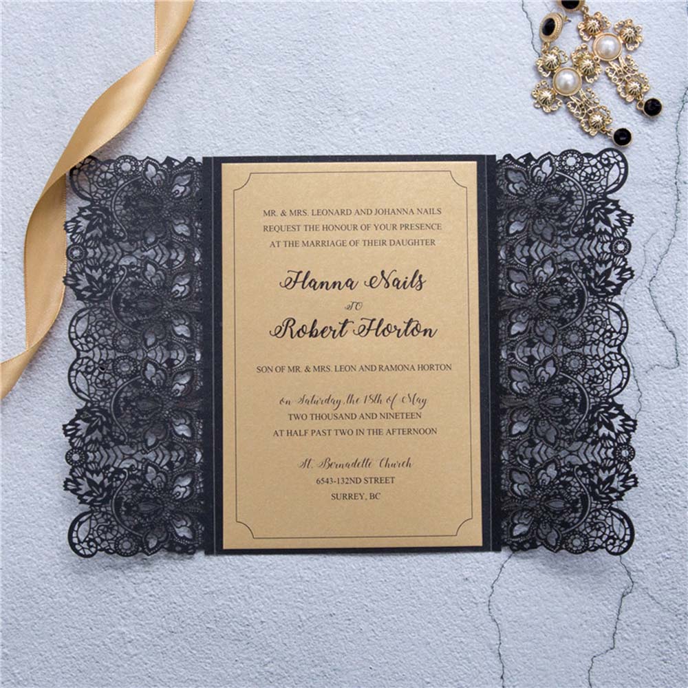 Exquisite Black colour wedding invite in lace design with golden ribbon - Click Image to Close