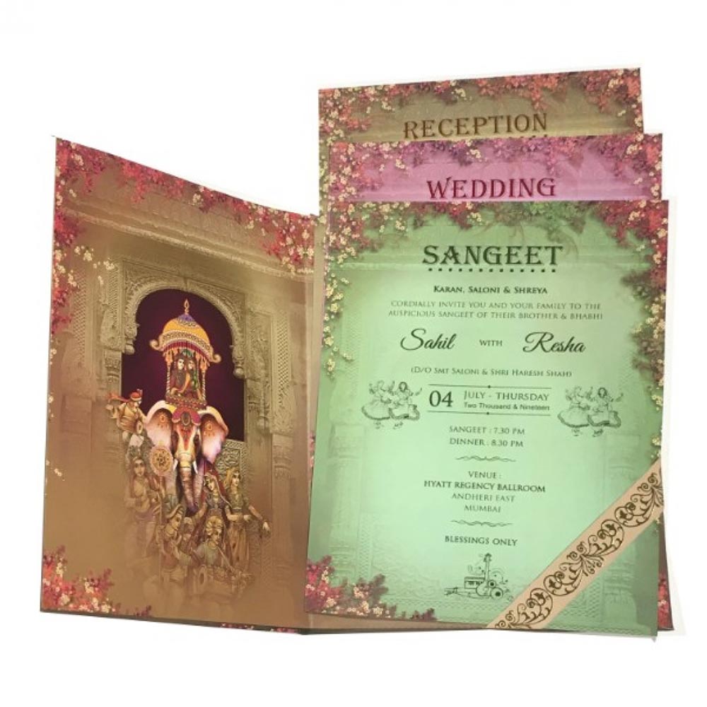 Exquisite designer royal Indian wedding invite with multicolor iinserts - Click Image to Close