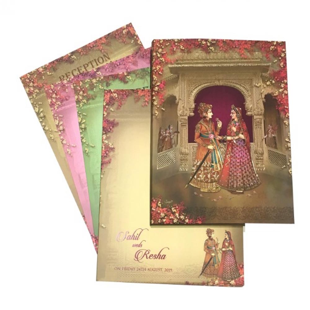 Exquisite designer royal Indian wedding invite with multicolor iinserts
