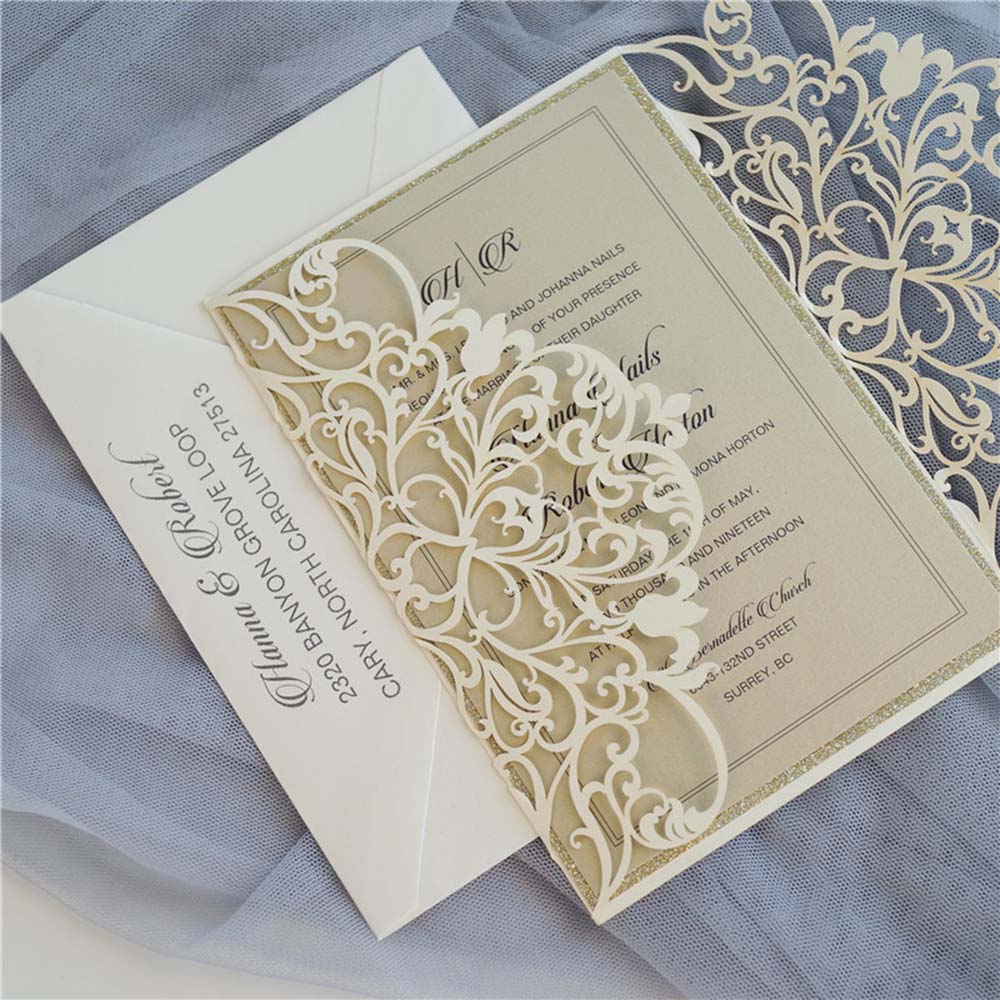 Exquisite gate fold laser cut wedding invitation in cream colour - Click Image to Close