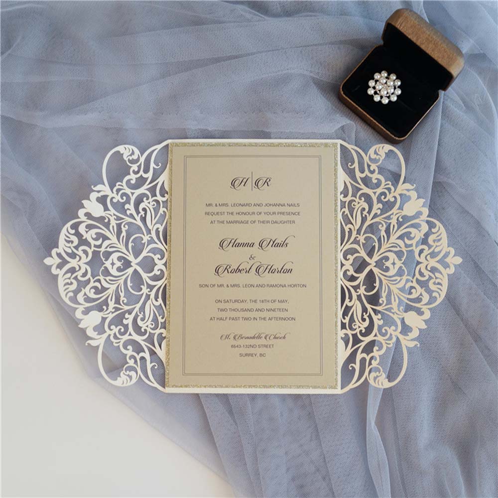 Exquisite gate fold laser cut wedding invitation in cream colour - Click Image to Close