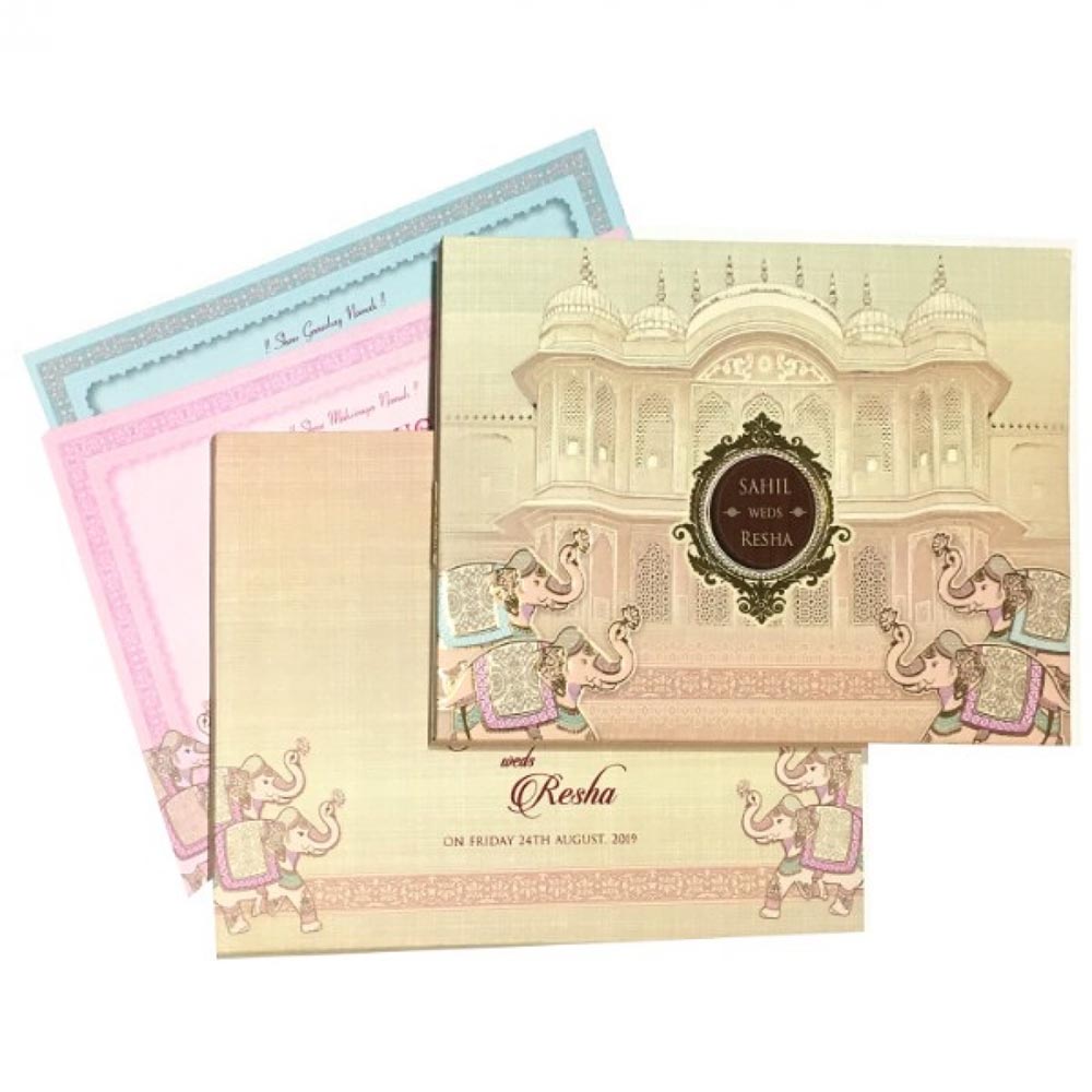 Exquisite Indian wedding invite in pastel colors with royal palace & elephants