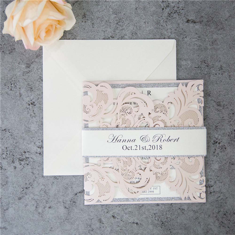 Exquisite laser cut wedding invitation in blush & silver shimmer - Click Image to Close