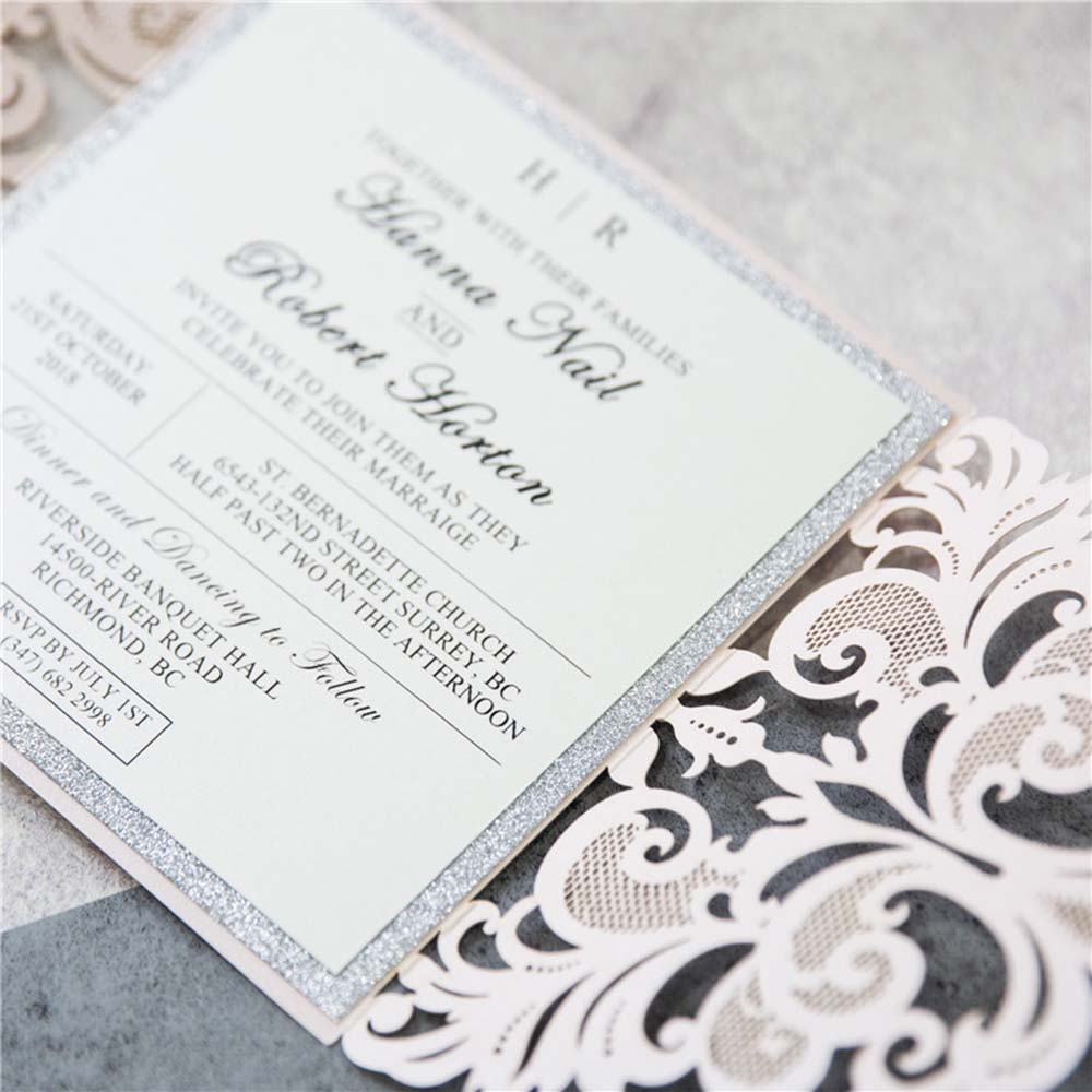 Exquisite laser cut wedding invitation in blush & silver shimmer - Click Image to Close