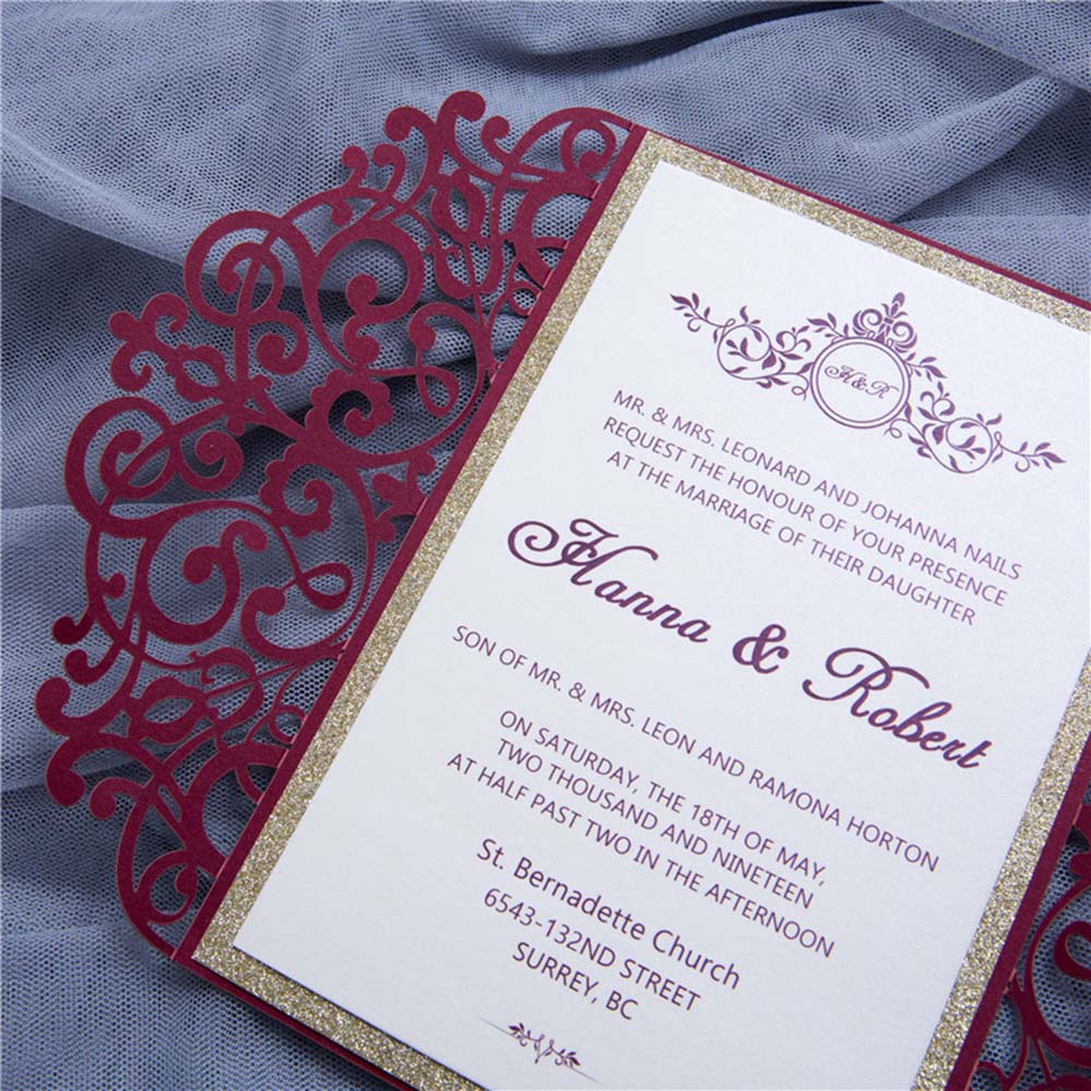 Exquisite Laser cut wedding invitation in Burgundy Shimmer - Click Image to Close