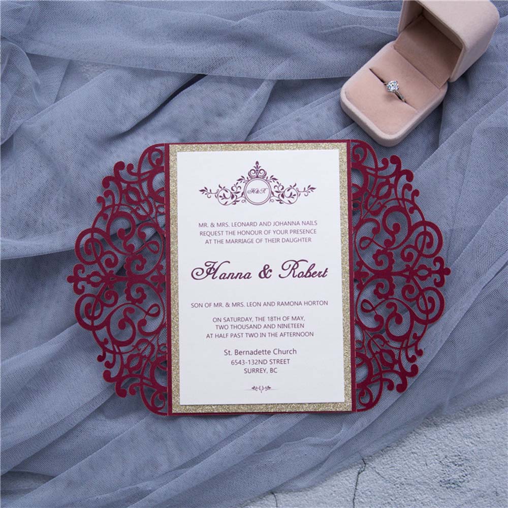 Exquisite Laser cut wedding invitation in Burgundy Shimmer - Click Image to Close