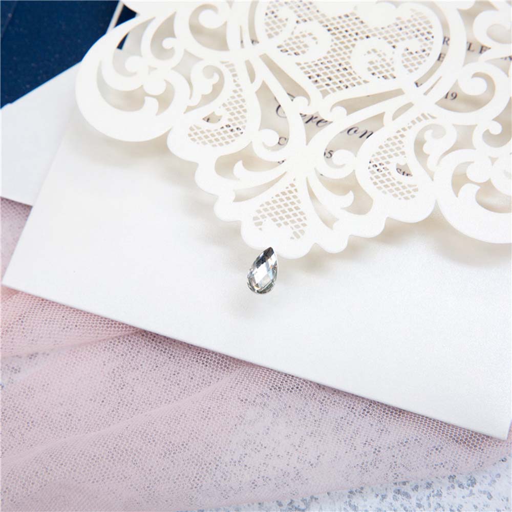 Exquisite Laser Cut White & Blue Pocket Wedding Invitation Cards with Rhinestone - Click Image to Close