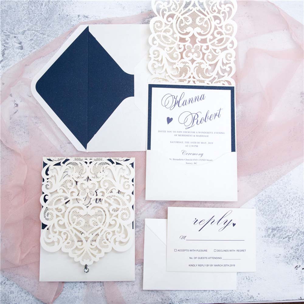 Exquisite Laser Cut White & Blue Pocket Wedding Invitation Cards with Rhinestone - Click Image to Close