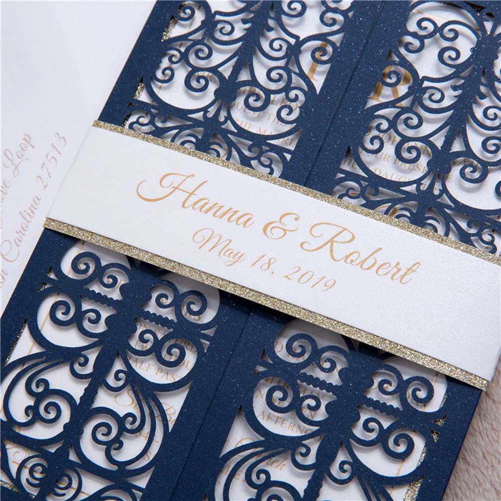 Exquisite Navy Blue Gate Fold Laser Cut Wedding Invitation - Click Image to Close