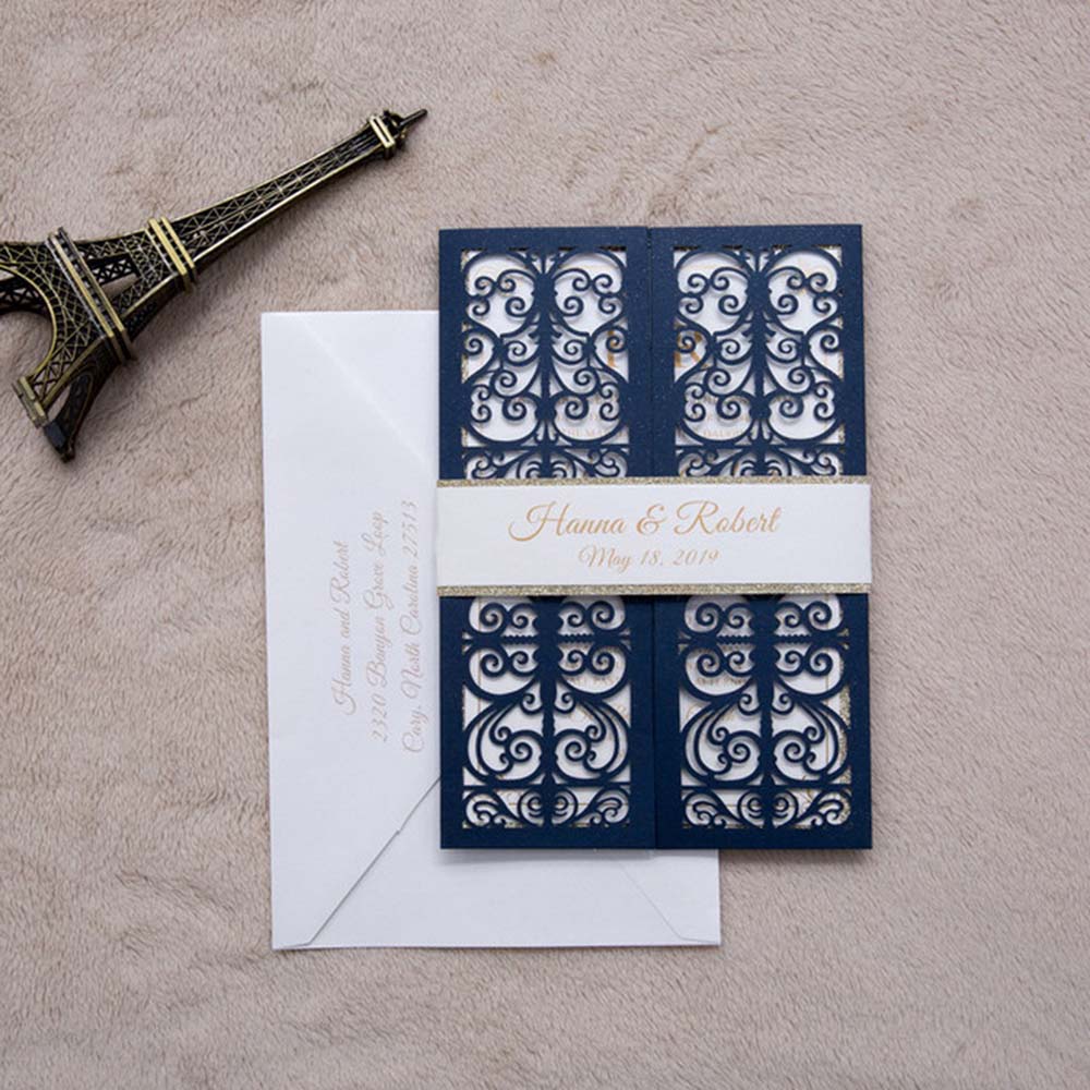 Exquisite Navy Blue Gate Fold Laser Cut Wedding Invitation - Click Image to Close