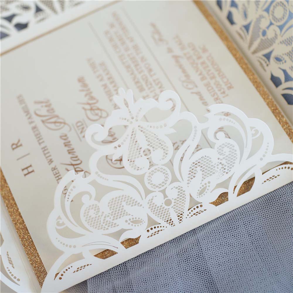 Exquisite Pearl White & Rose Gold Glitter Laser Cut Wedding Invitation - Click Image to Close
