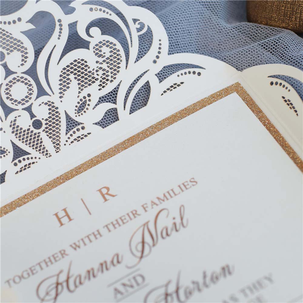Exquisite Pearl White & Rose Gold Glitter Laser Cut Wedding Invitation - Click Image to Close