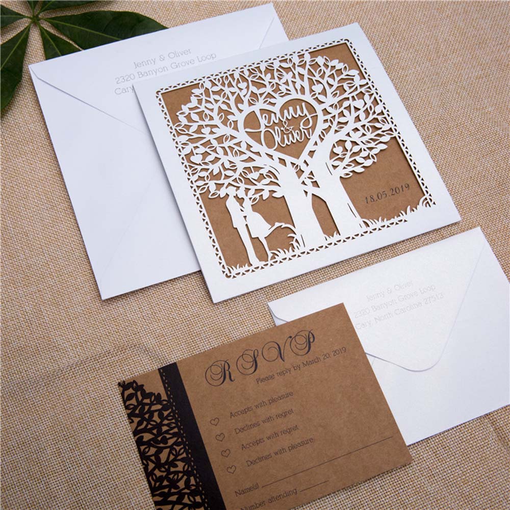 Fairytale Laser Cut Tree Wedding Invitation Card in Ivory - Click Image to Close