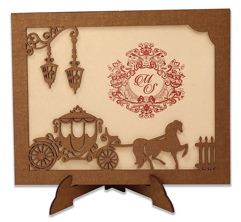 Fairytale Wedding Invite in laser cut photo frame style with a chariot