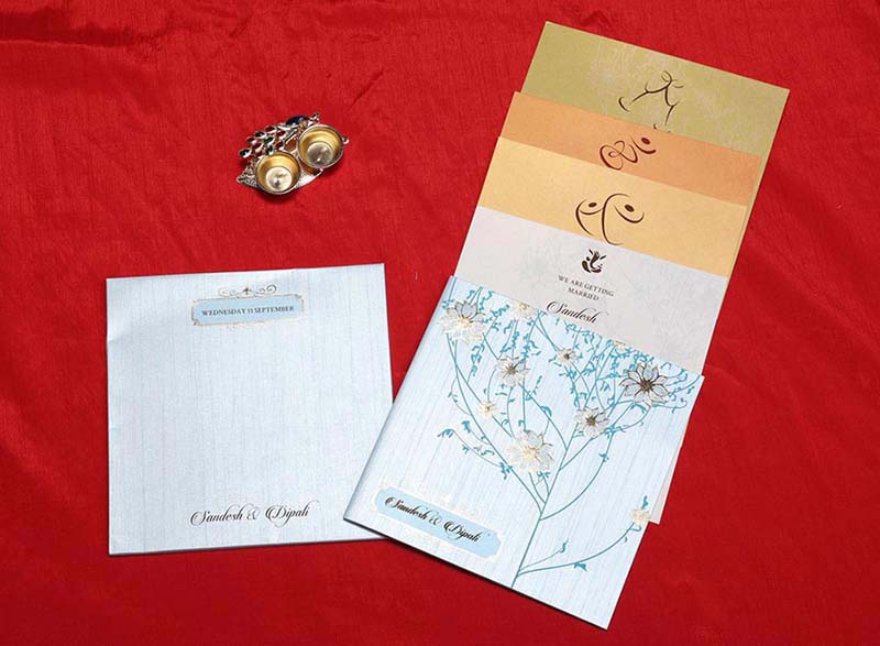 Floral Indian Wedding Cards in Light Blue with Flower Designs - Click Image to Close