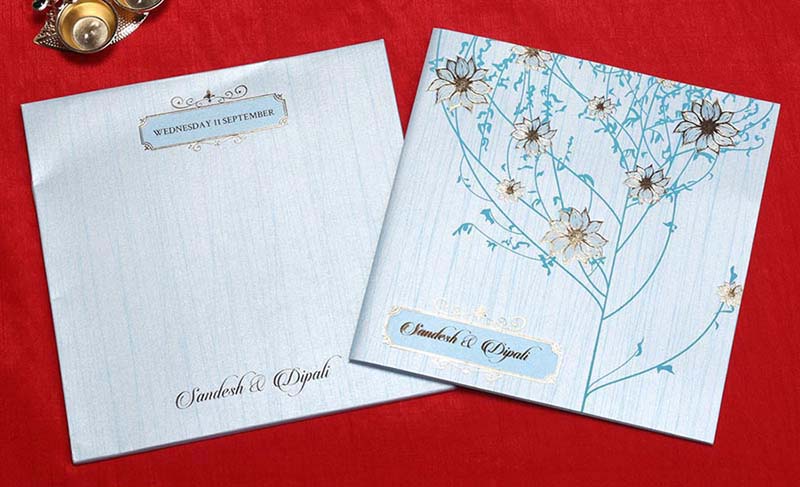 Floral Indian Wedding Cards in Light Blue with Flower Designs