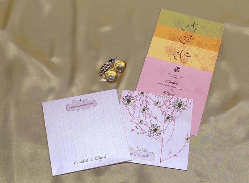 Floral Indian Wedding Cards in Light Pink with Flower Designs - Click Image to Close