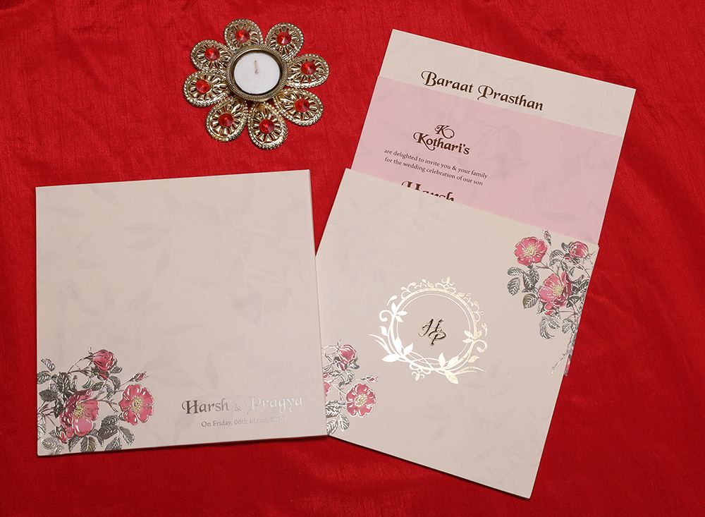 Floral Indian wedding invitation in beige colour - Click Image to Close