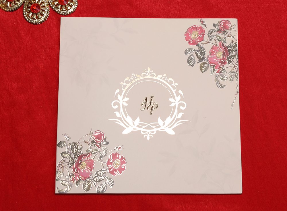 Floral Indian wedding invitation in beige colour - Click Image to Close