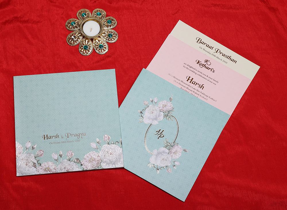 Floral Indian wedding invitation in powder blue colour - Click Image to Close