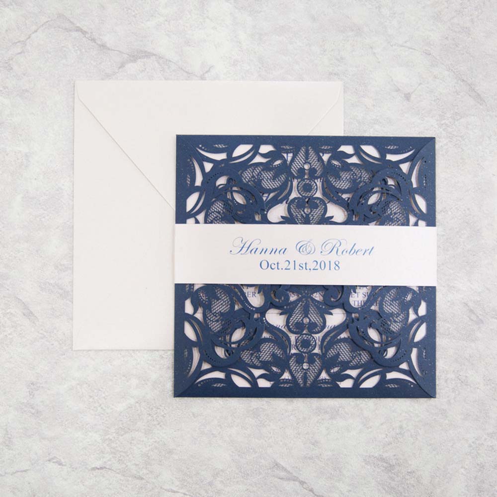 Floral Laser Cut Wedding Invitation in Navy Blue Colour & RSVP set - Click Image to Close
