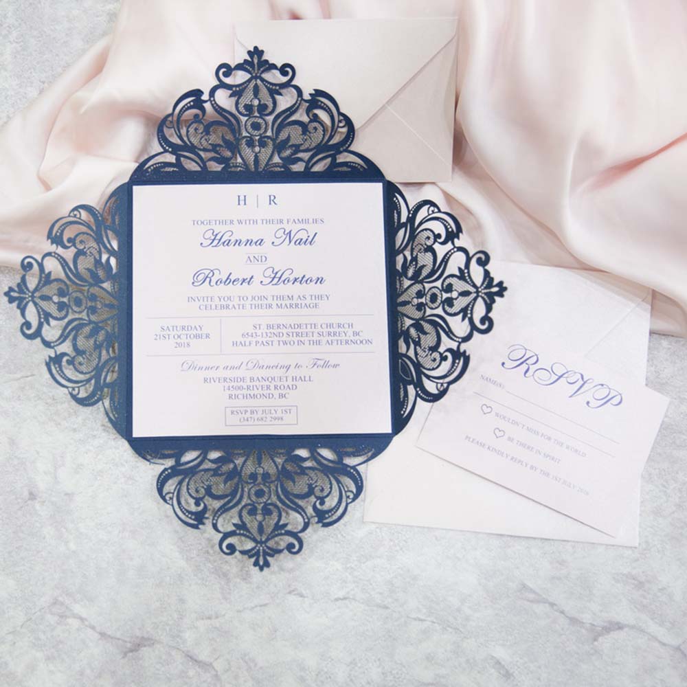 Floral Laser Cut Wedding Invitation in Navy Blue Colour & RSVP set - Click Image to Close