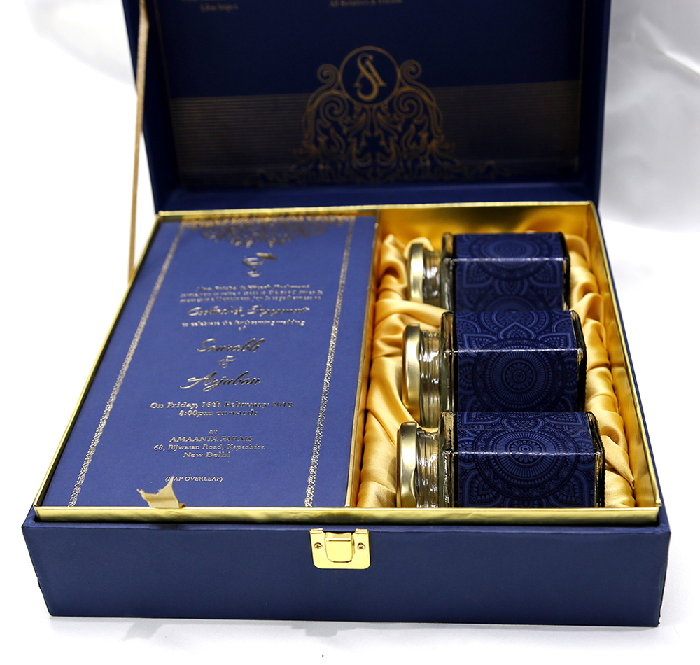 Floral theme navy blue wedding box invitation with designer inserts & sweet jars - Click Image to Close