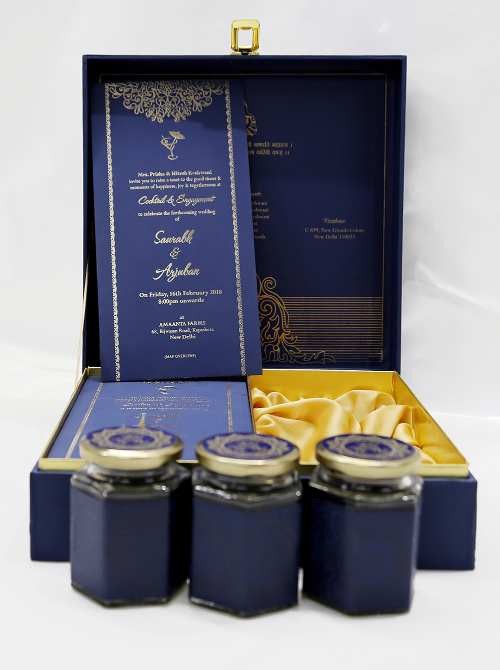 Floral theme navy blue wedding box invitation with designer inserts & sweet jars
