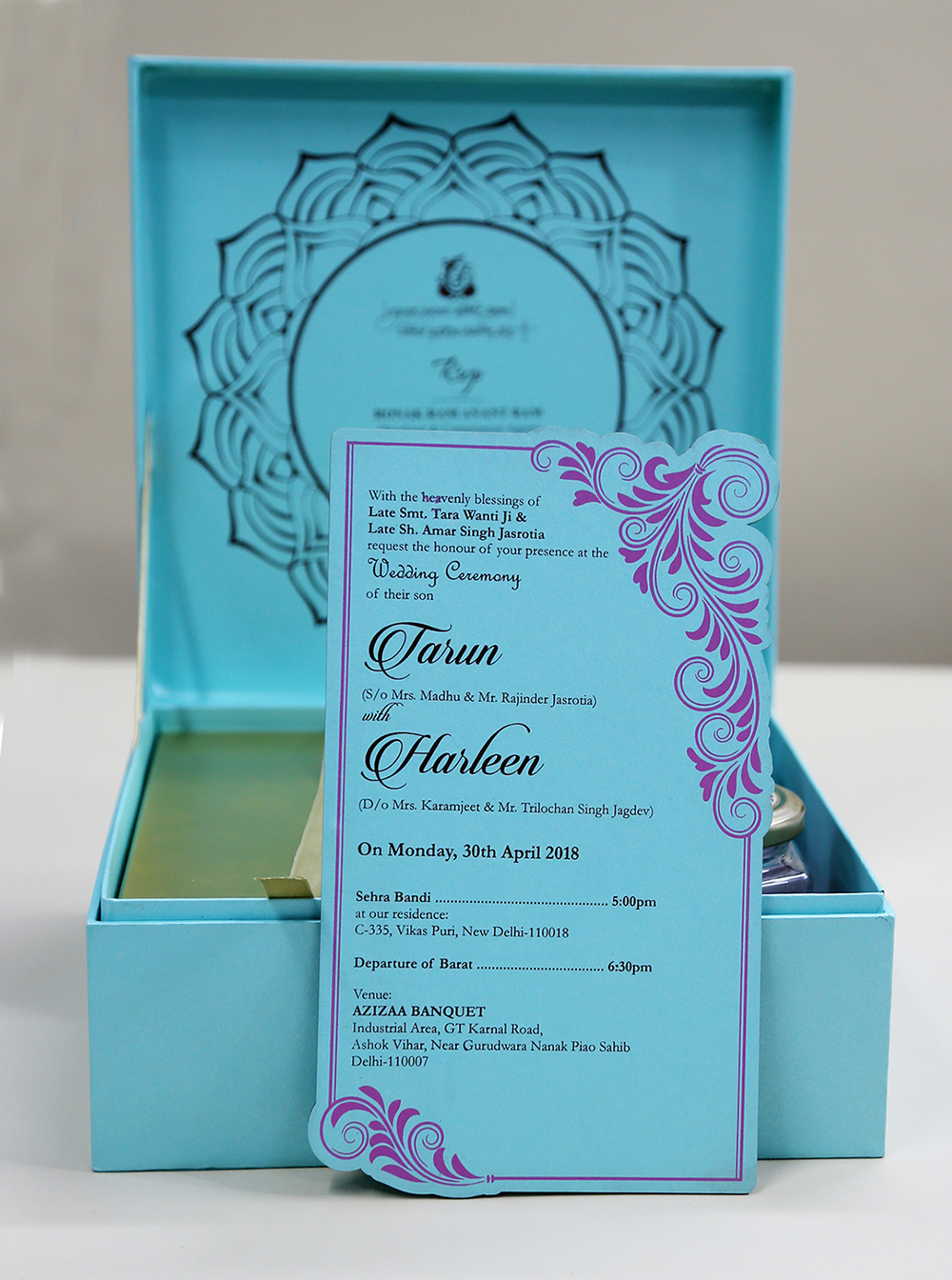 Floral theme wedding box invite in sky blue color with sweet jars - Click Image to Close