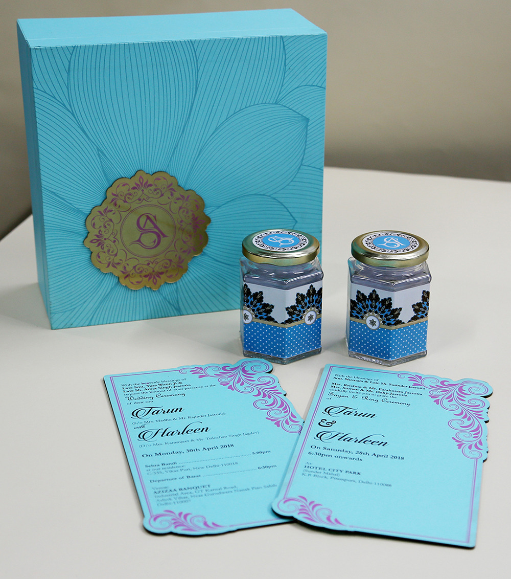 Floral theme wedding box invite in sky blue color with sweet jars - Click Image to Close